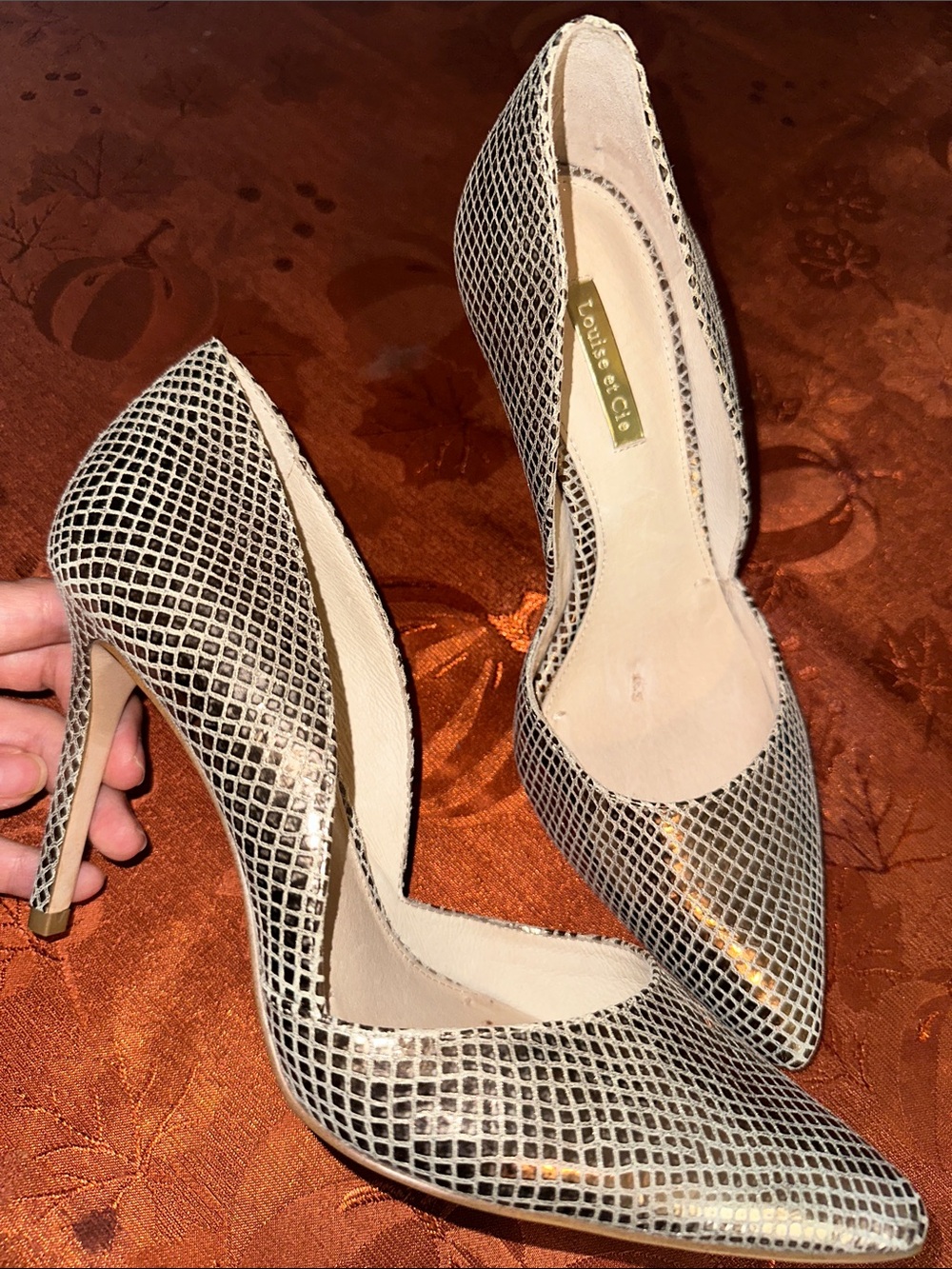 Beige Snake-Print Pointed-Toe Pumps